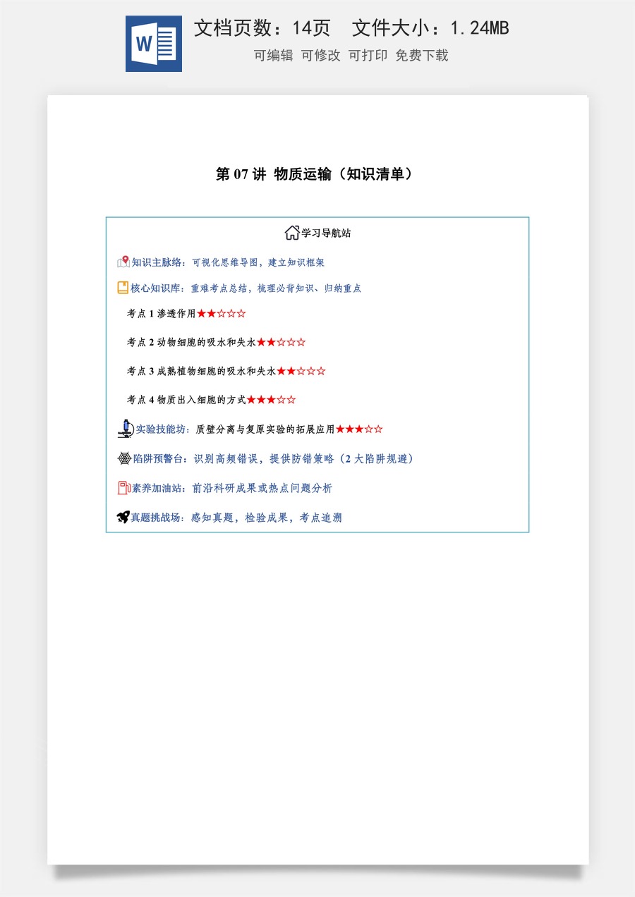 2026高考生物知识梳理第07讲 物质运输（知识梳理）（全国通用）（原卷版）.docx